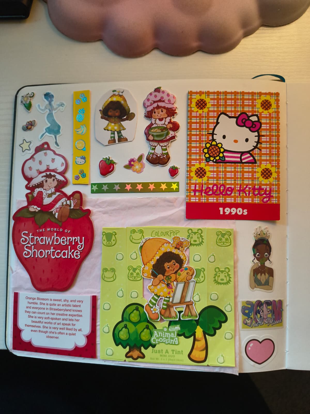 journal collage featuring characters like Strawberry Shortcake, Orange Blossom, Hello Kitty and Tiana