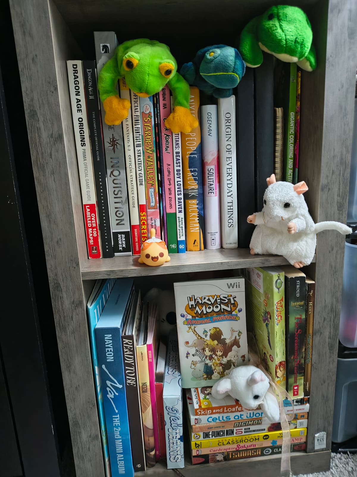 a bookshelf of books, albums, manga, and stuffed animals